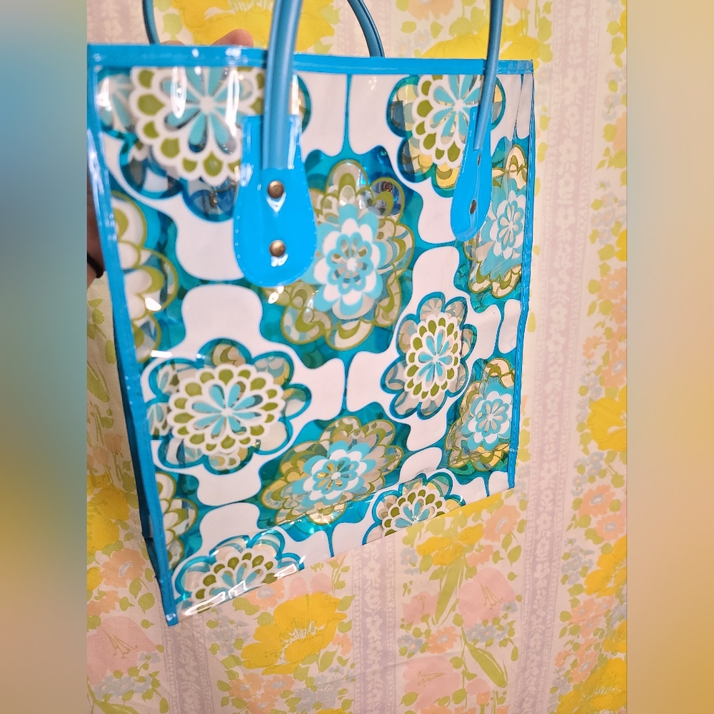 Vintage 70s retro vinyl beach bag/book bag  avocado green flower print - Picture 3 of 7